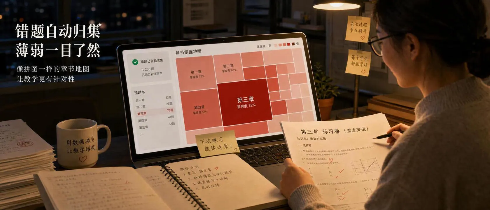 错题本旁的矩形树图与薄弱排行，深红色块指向错得最多的章节