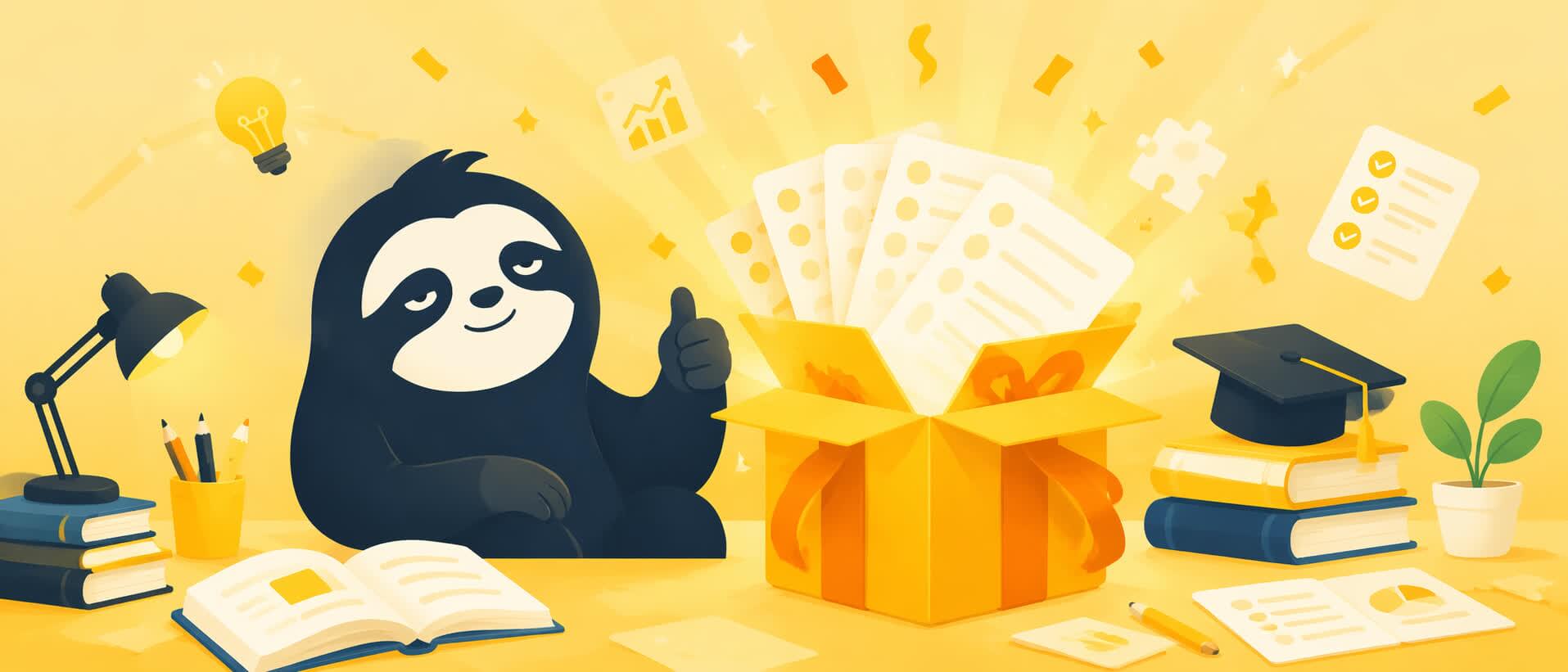 树懒吉祥物竖起大拇指，身旁明黄礼盒中喷出一叠试卷