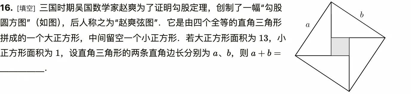 一道以赵爽弦图为背景的填空题放大后的样子:四个全等直角三角形拼成的大正方形与中间留空的小正方形排在题干右侧,两条直角边标着 a、b