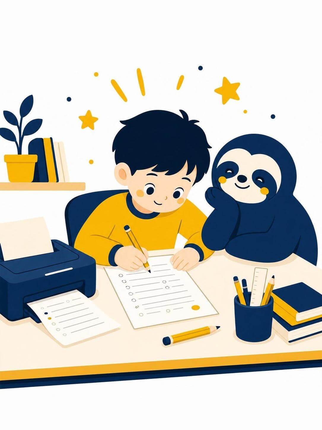 孩子在书桌前用铅笔做纸质试卷