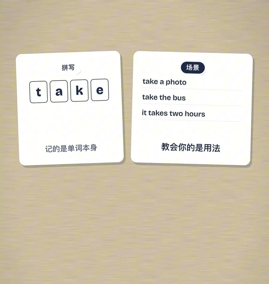 左：拼写 t-a-k-e，记的是单词本身；右：take a photo、take the bus、it takes two hours，教会你的是用法
